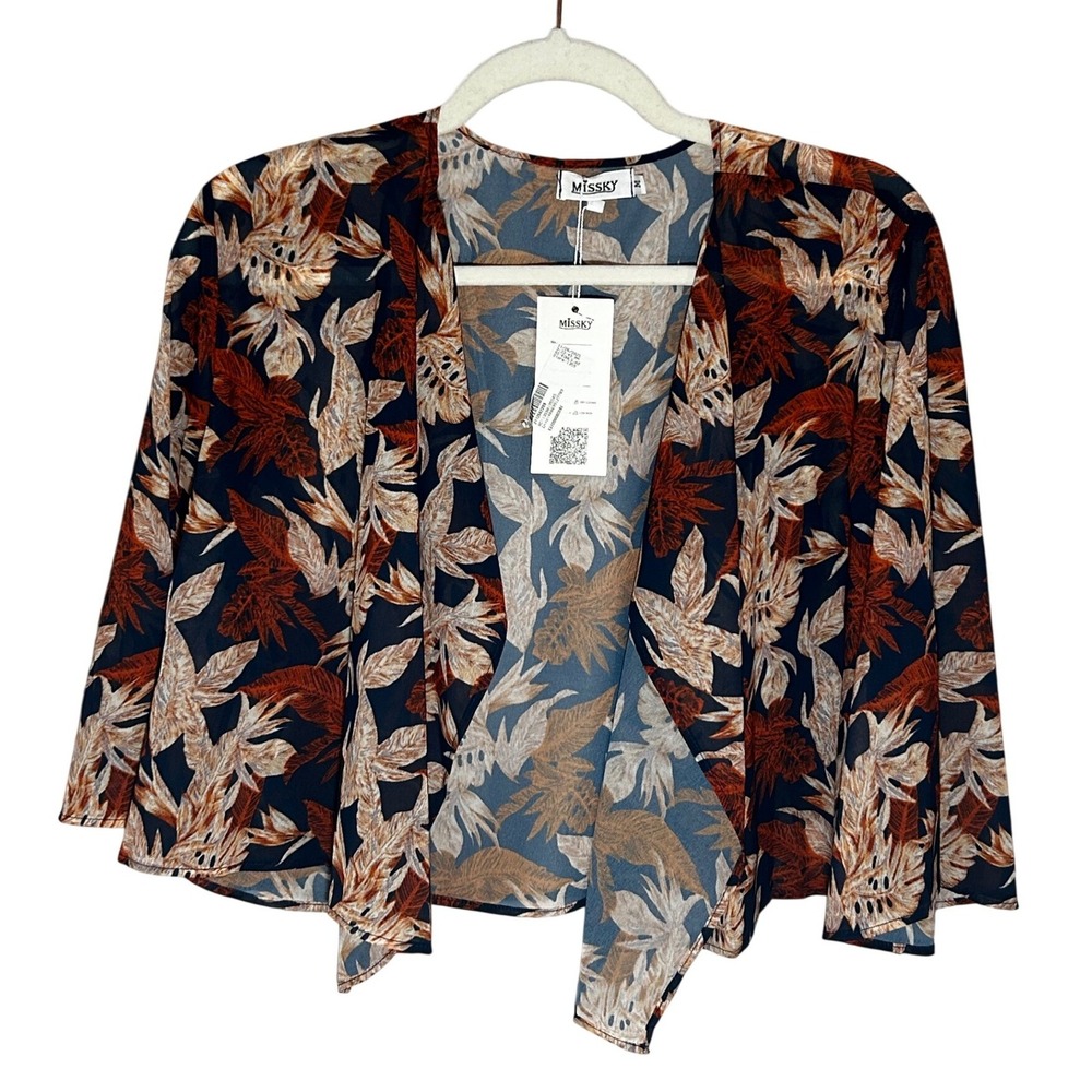 Missky Leafy Print Open Front Cropped Blouse/Jacket 1/2 Flared Sleeve Size M NWT